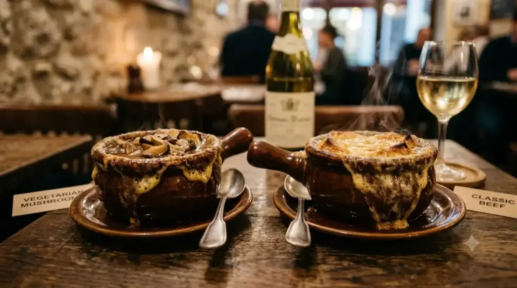 French onion soup crocks broiling with bubbling browned Gruyère cheese