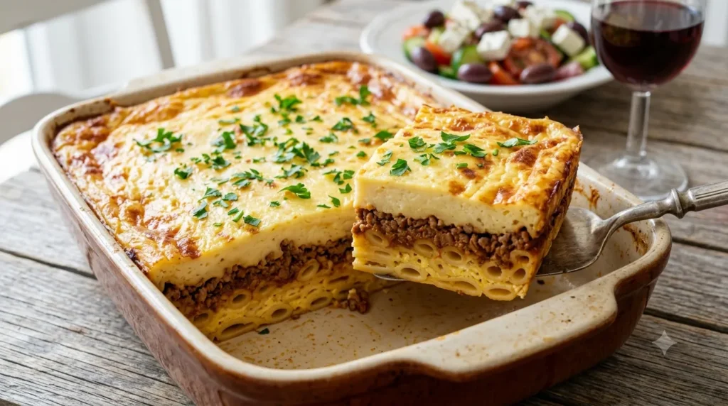 Sliced authentic Pastitsio Greek beef pasta bake showing creamy béchamel and meat sauce layers