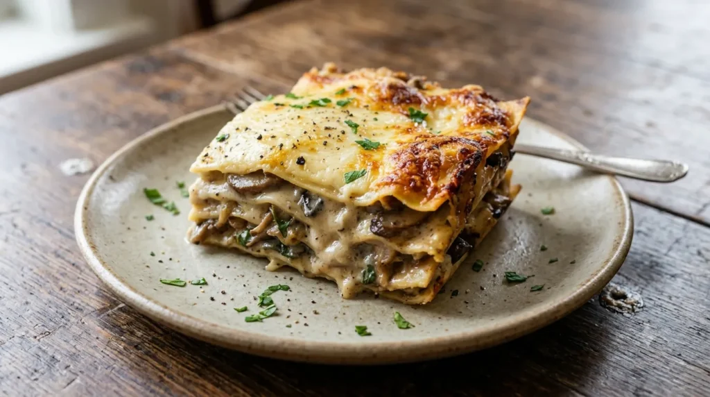 Close-up slice of creamy mushroom lasagne showing distinct pasta and béchamel layers