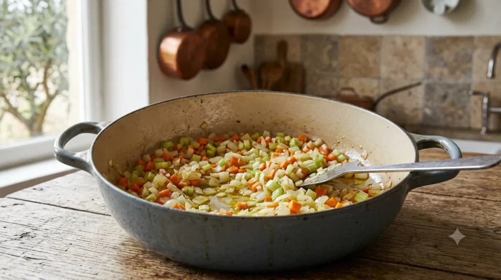 Diced onion, carrot, and celery cooking for osso buco