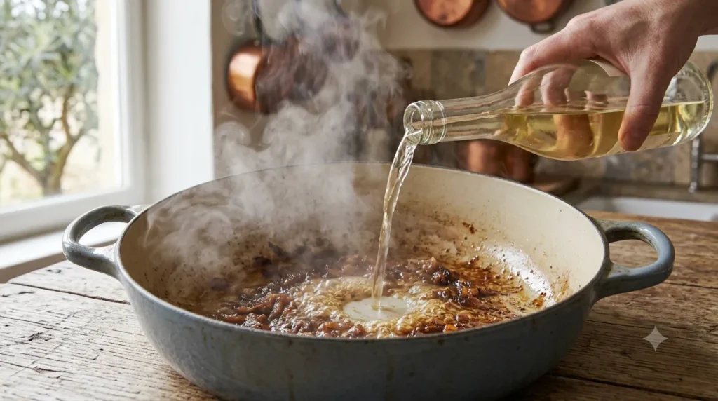 Deglazing the pot with white wine