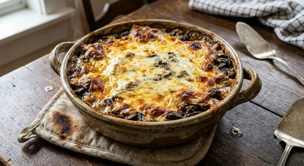 Golden, bubbling mushroom lasagne fresh out of the oven.