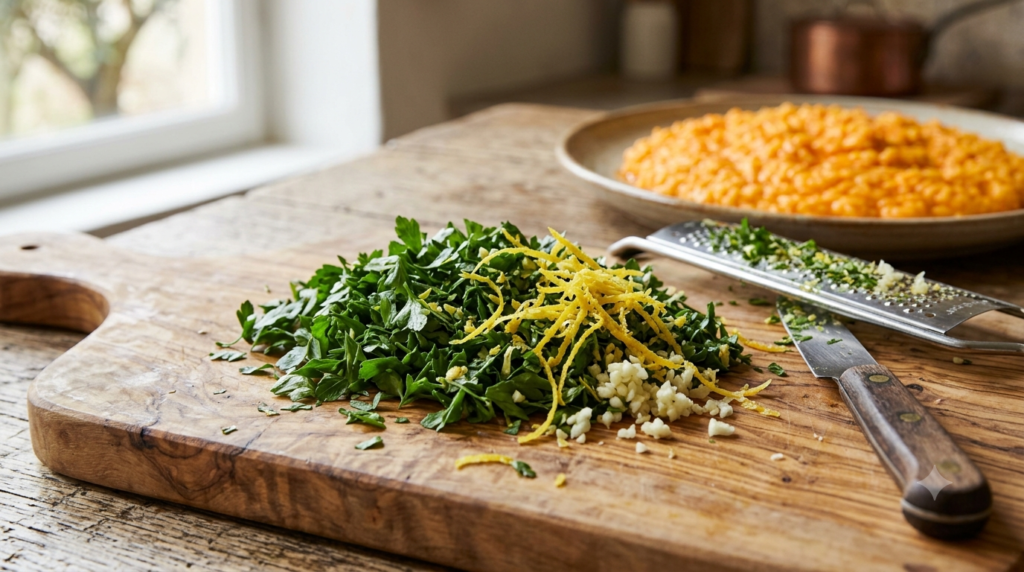 Fresh gremolata with lemon zest, garlic, and parsley