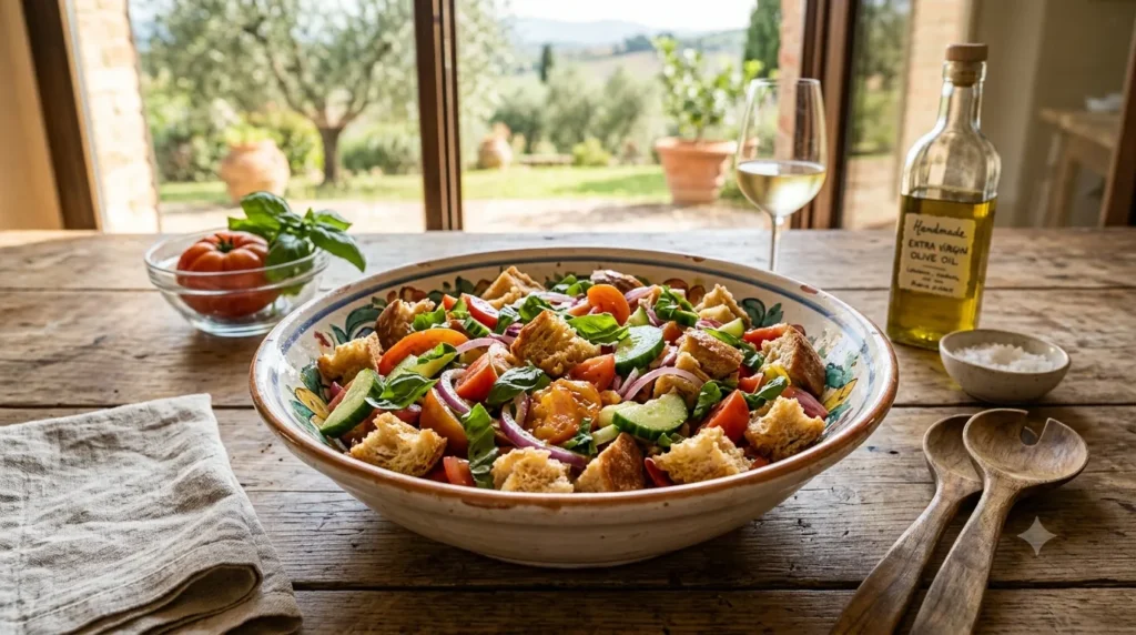 Authentic Tuscan Panzanella recipe served in a rustic ceramic bowl with tomatoes, basil, cucumber, and toasted bread