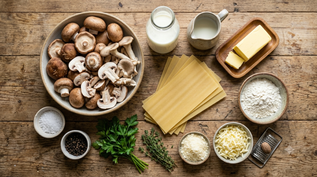 Fresh ingredients for a homemade mushroom lasagne recipe including mushrooms, cheese, and pasta sheets.