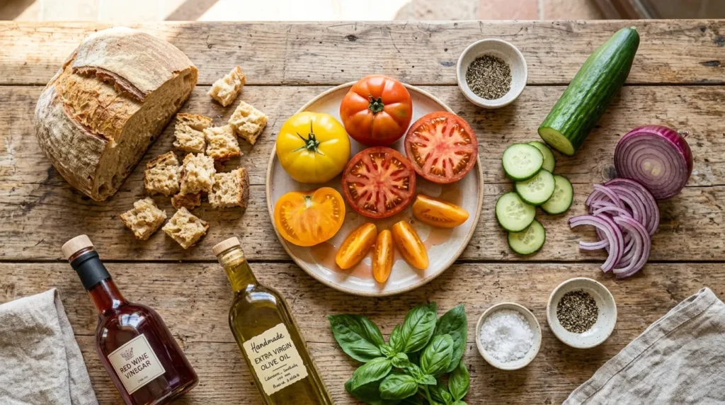 Fresh ingredients for an authentic panzanella recipe including tomatoes, cucumber, basil, bread, and olive oil
