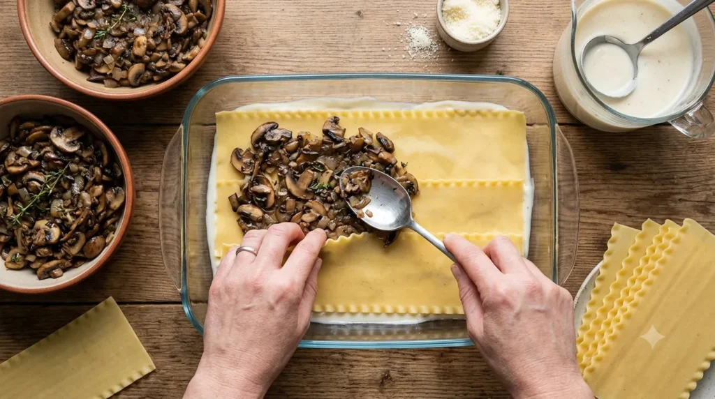 Layering pasta sheets, mushroom filling, and béchamel for a homemade mushroom lasagne recipe.