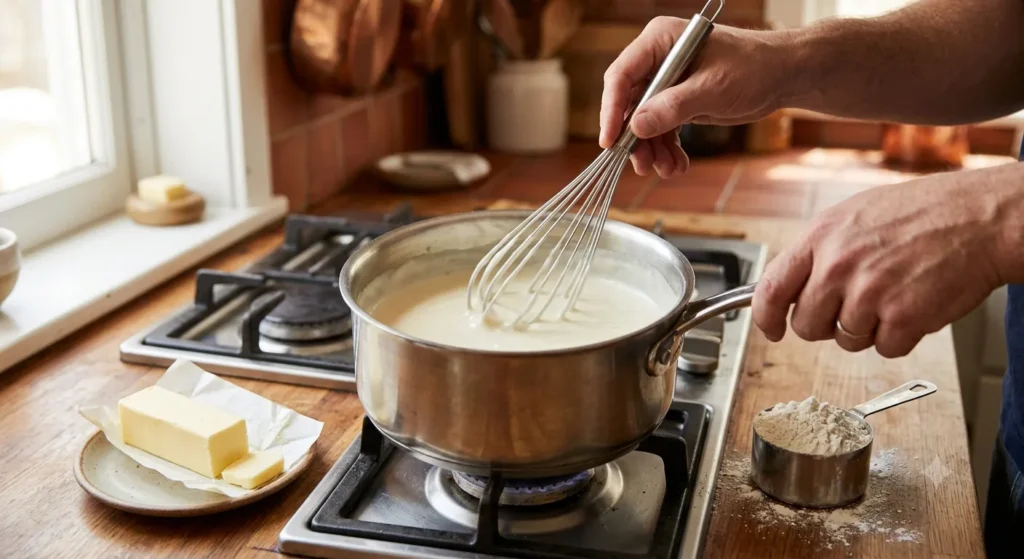 Whisking a smooth homemade béchamel sauce for a creamy mushroom lasagne recipe