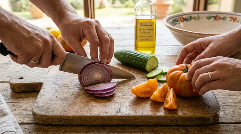 Slicing fresh tomatoes, cucumber, and red onion for a traditional panzanella recipe