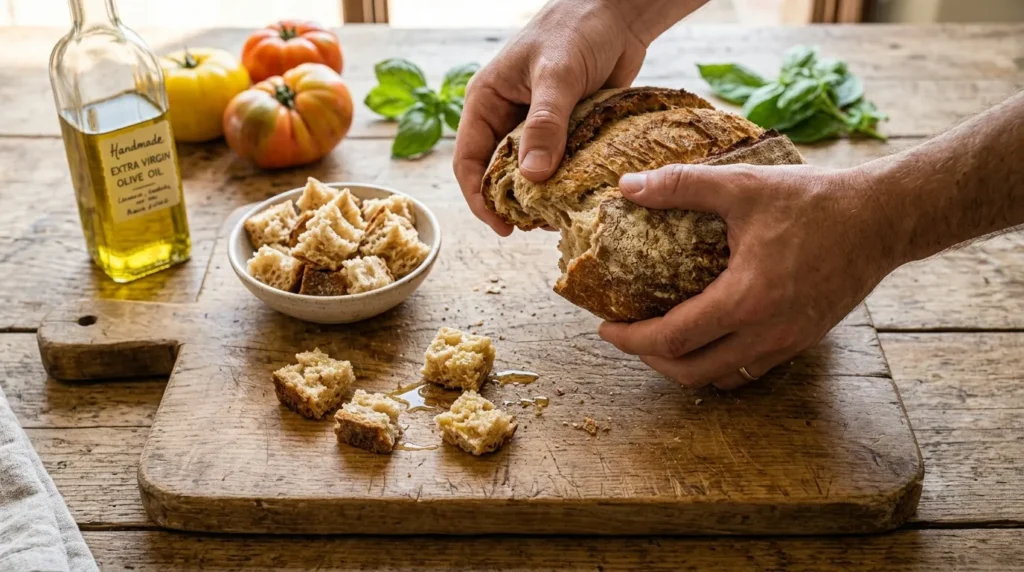 Preparing stale rustic bread for an authentic panzanella recipe by tearing it into rough chunks