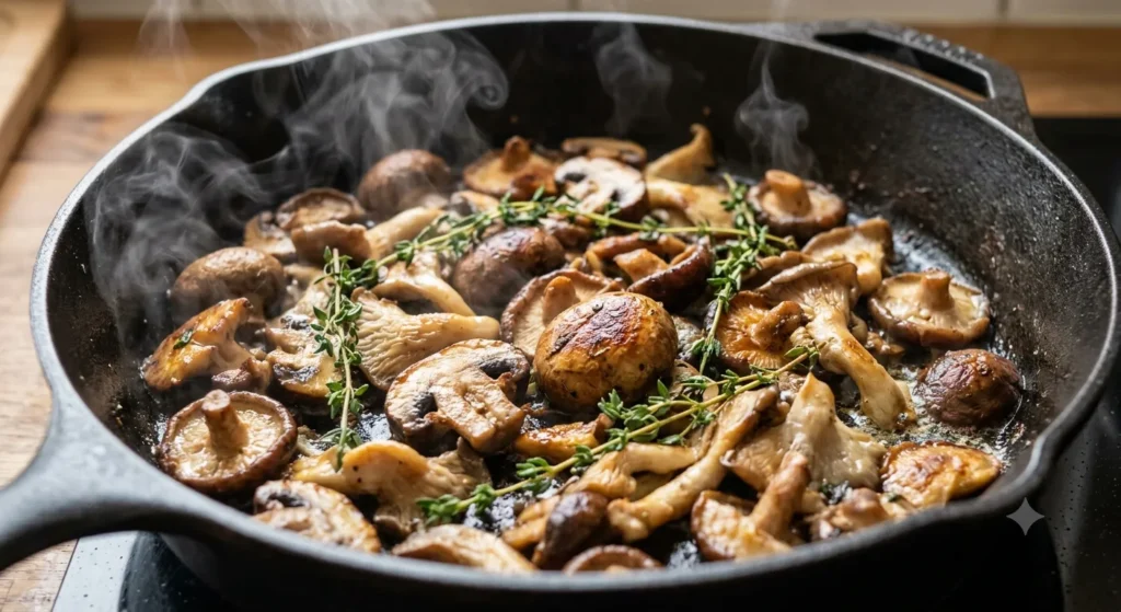 Sautéing mixed mushrooms until golden brown for an authentic mushroom lasagne recipe.