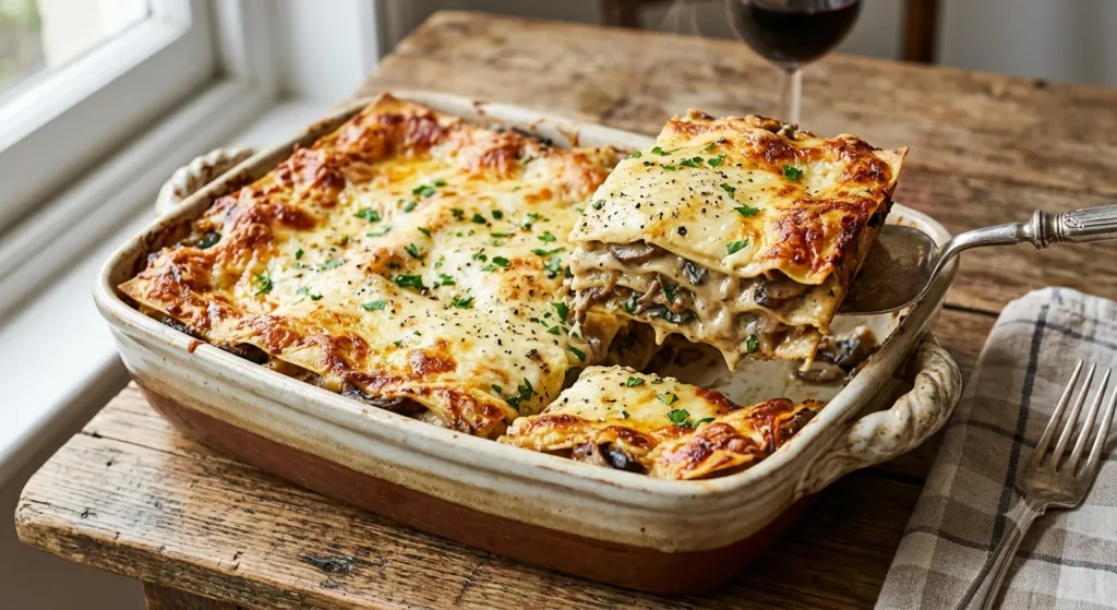 Creamy mushroom lasagne recipe fresh from the oven with golden cheese and visible pasta layers.