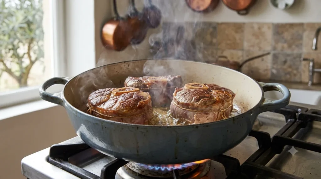 Searing veal shanks in a Dutch oven