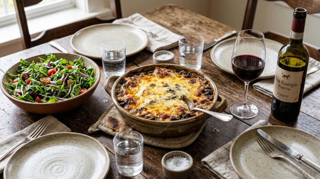Homemade mushroom lasagne served family-style with salad and red wine