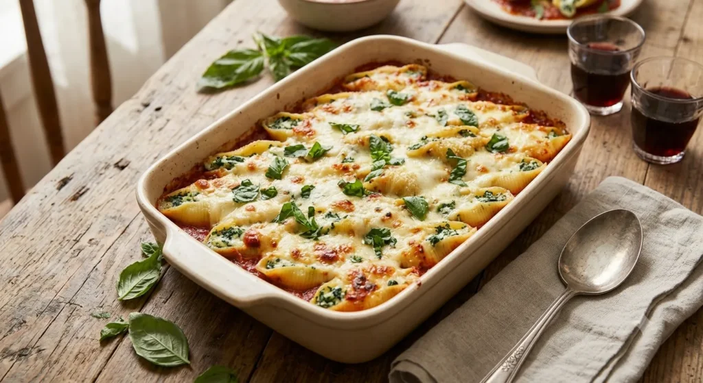 Spinach Ricotta Stuffed Shells baked with mozzarella and marinara