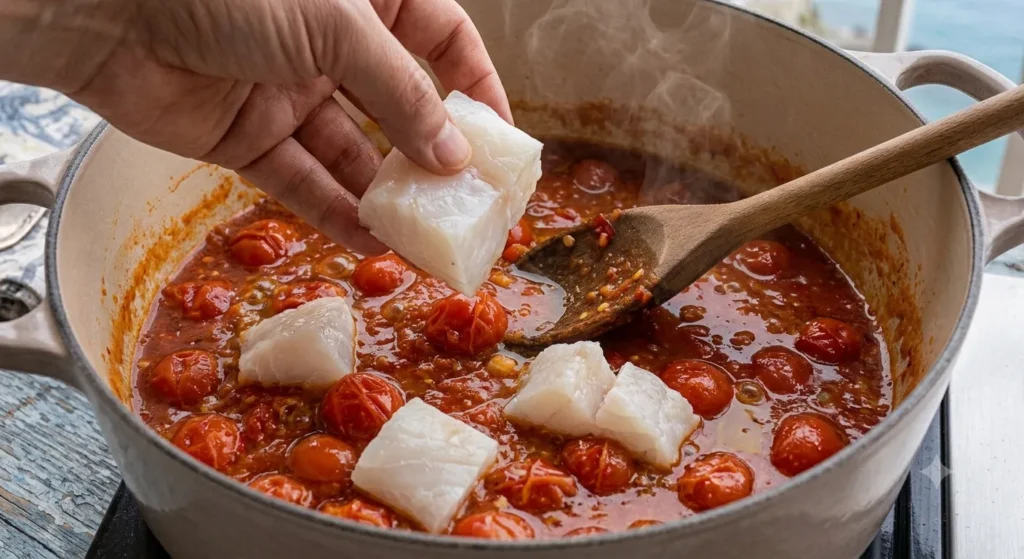 Adding white fish to Calabrian Fish Ragu sauce
