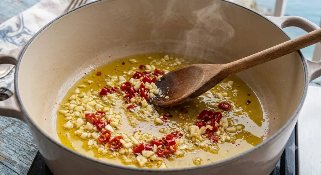 Garlic and Calabrian chili sizzling in olive oil