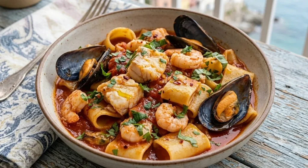 Mixed seafood variation of Calabrian Fish Ragu Pasta