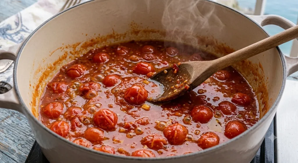 Simmering tomato sauce for Calabrian Fish Ragu Pasta