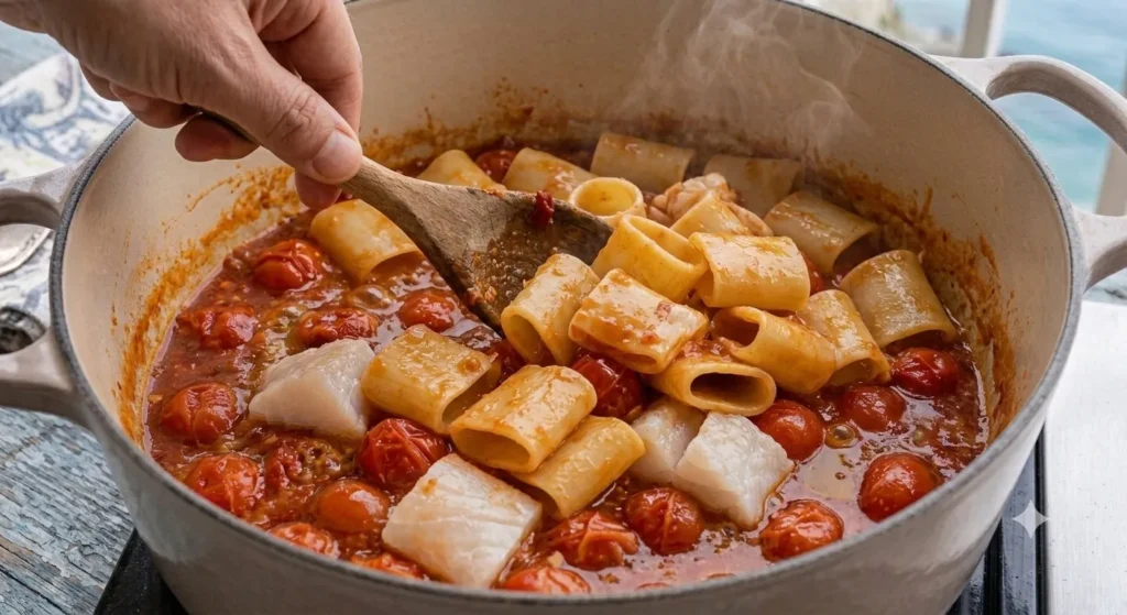 Tossing pasta in Calabrian Fish Ragu sauce