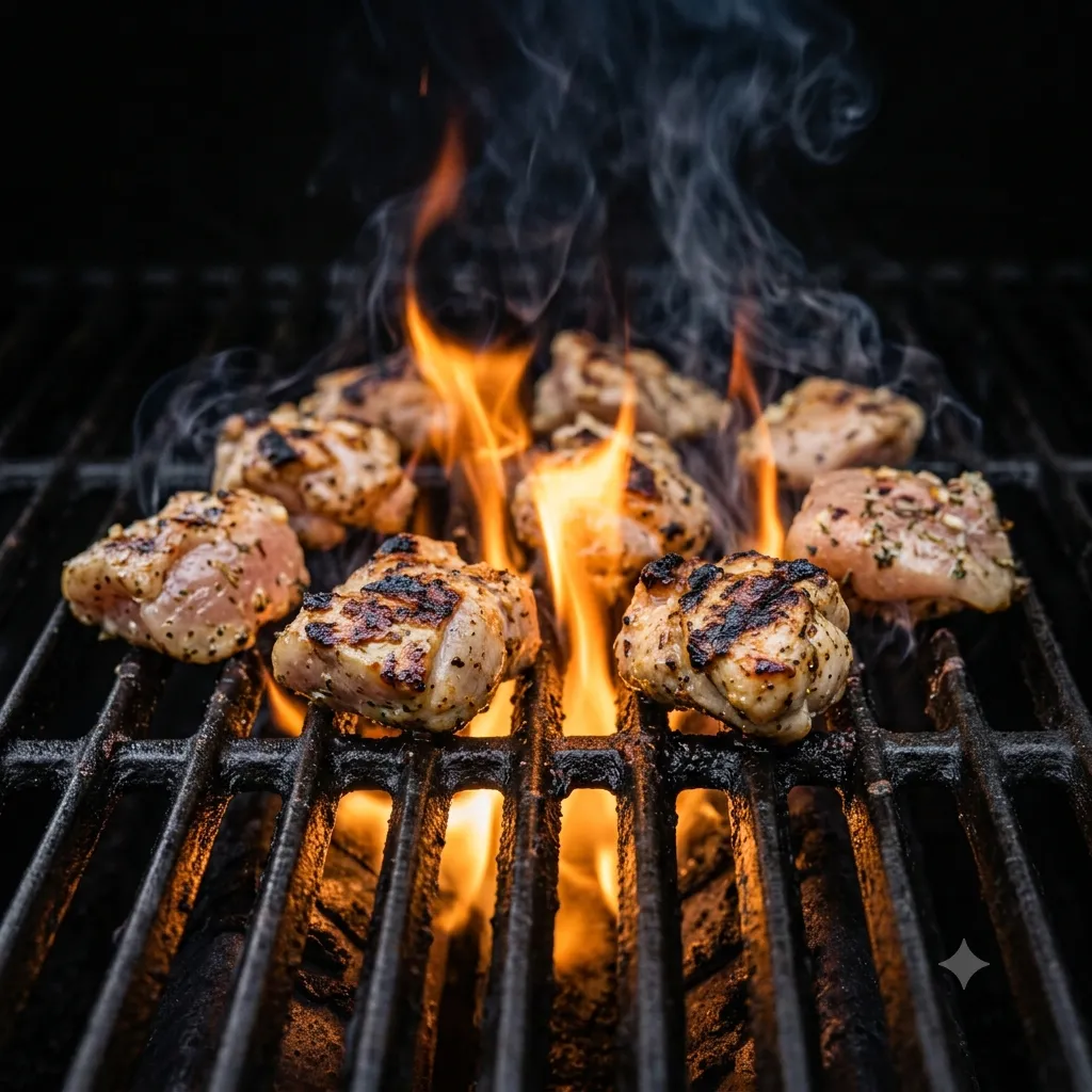 Chicken souvlaki skewers grilling with charred marks