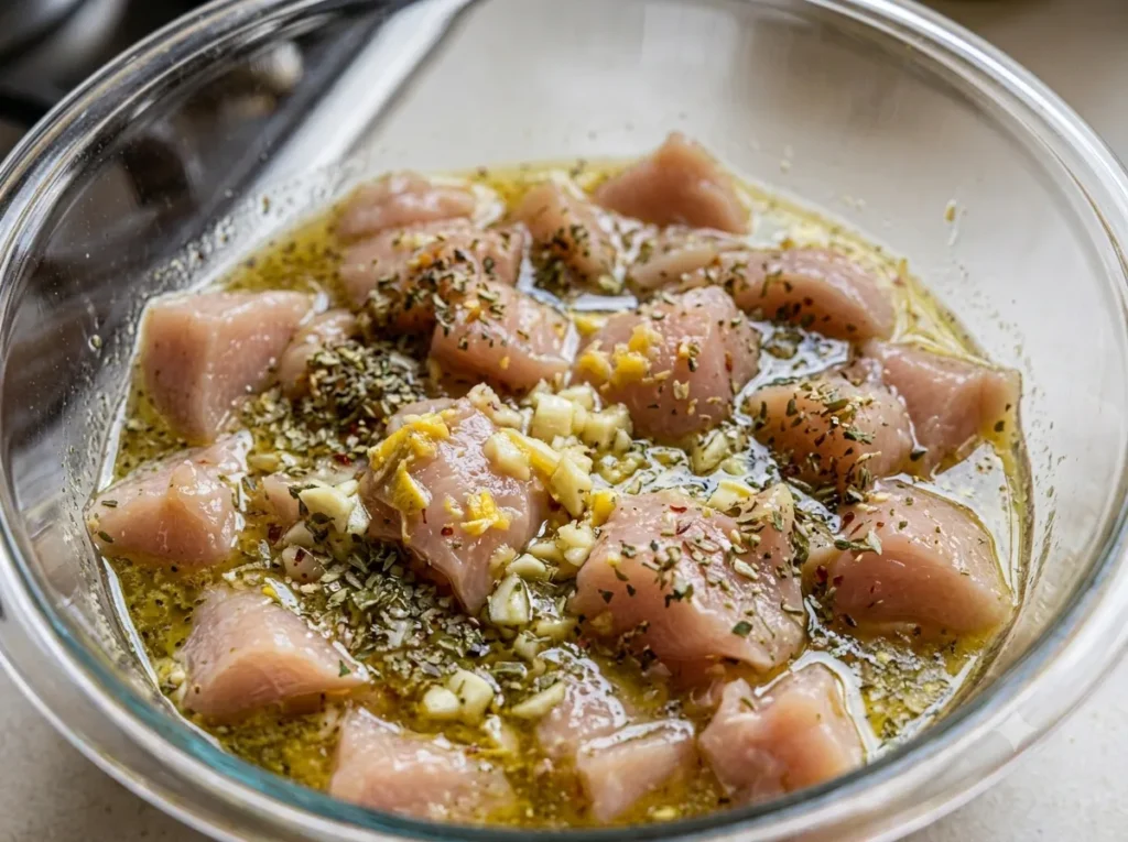 Chicken cubes marinating in lemon garlic oregano marinade for souvlaki