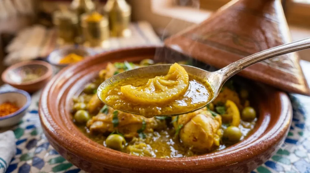 Close-up of chicken tagine sauce with preserved lemon