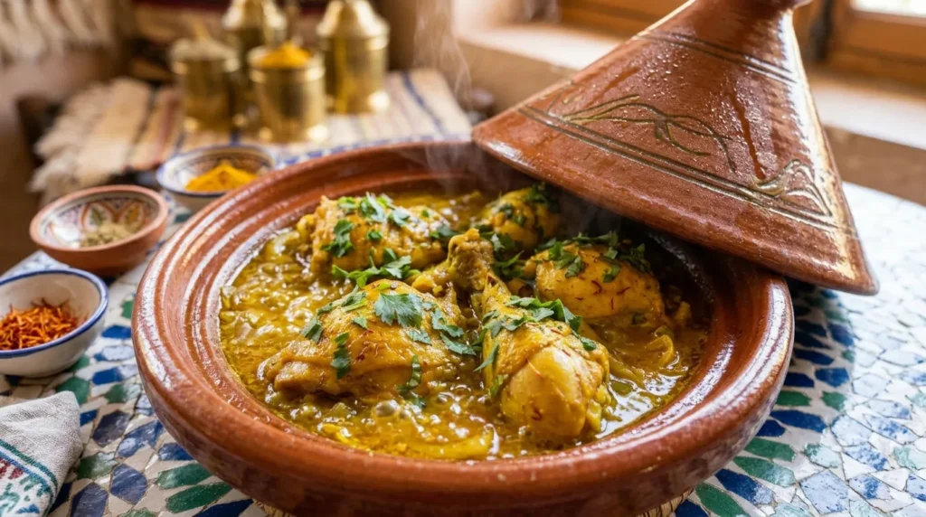 Chicken simmering in a tagine pot with onion and spice sauce