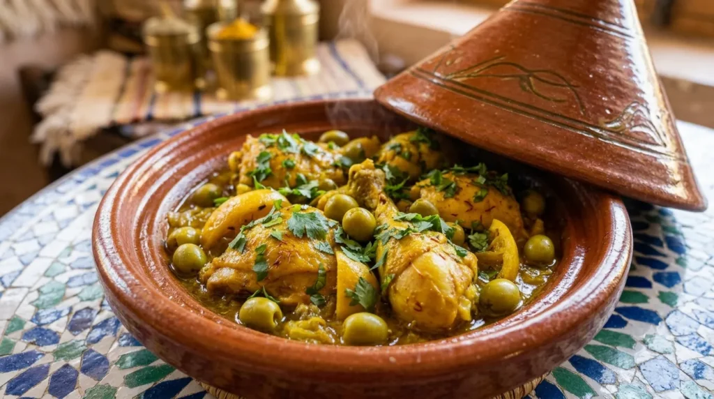 Finished authentic Moroccan chicken tagine garnished with fresh herbs