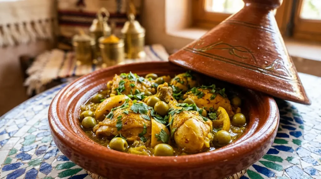 Chicken tagine with preserved lemon and olives served in a traditional clay pot