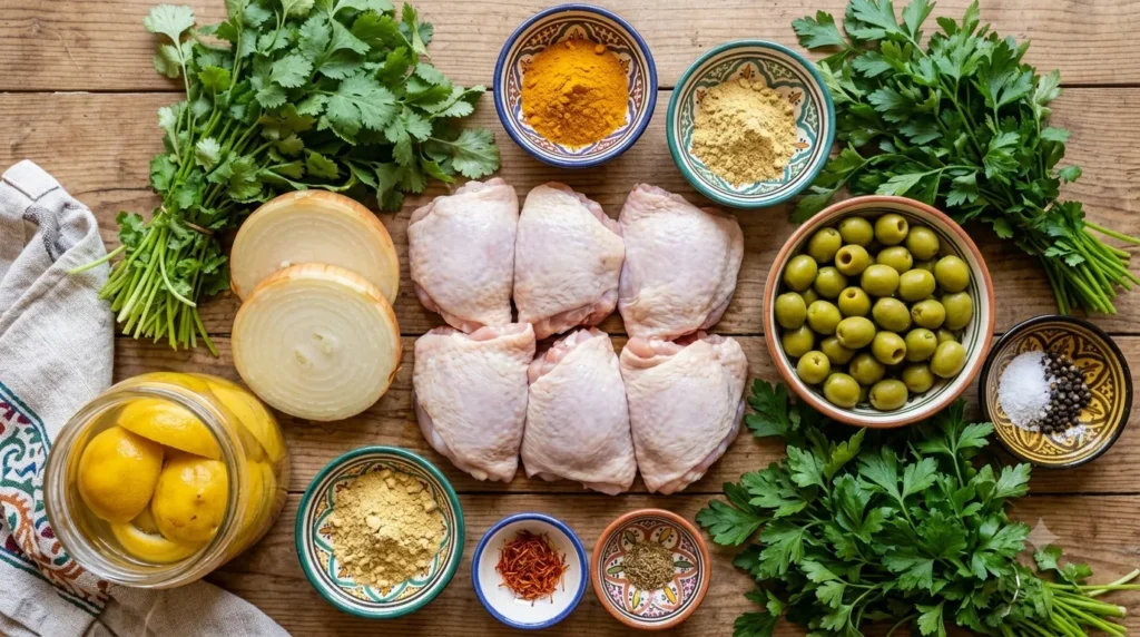 Ingredients for chicken tagine including bone-in chicken, preserved lemon, and spices