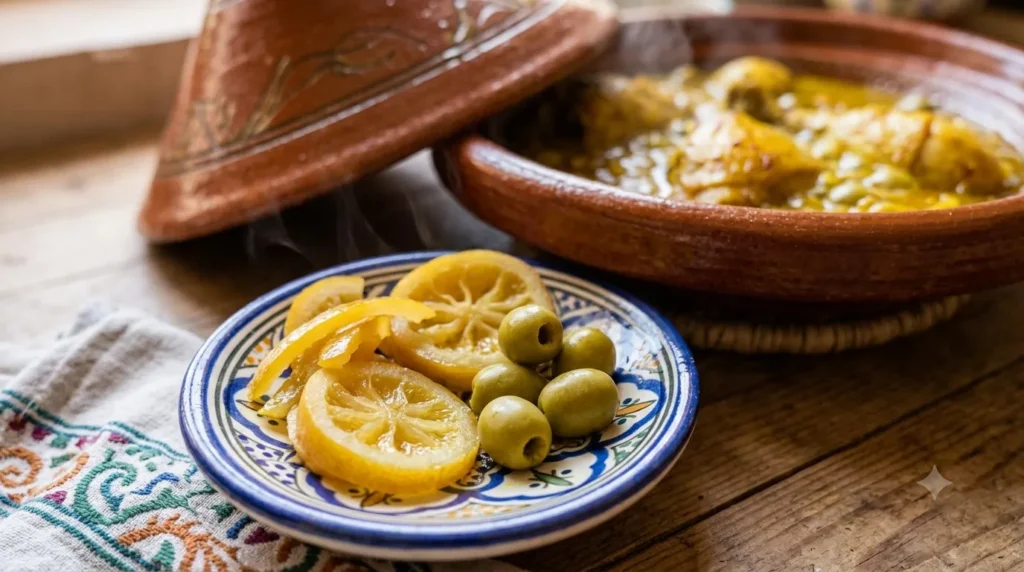 Preserved lemon and green olives for Moroccan chicken tagine