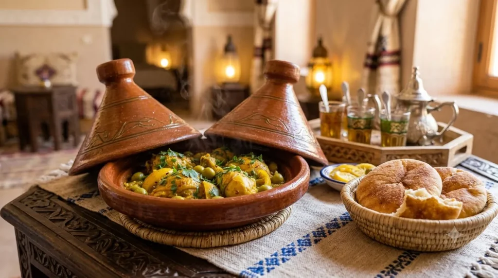 Chicken tagine served with warm Moroccan bread