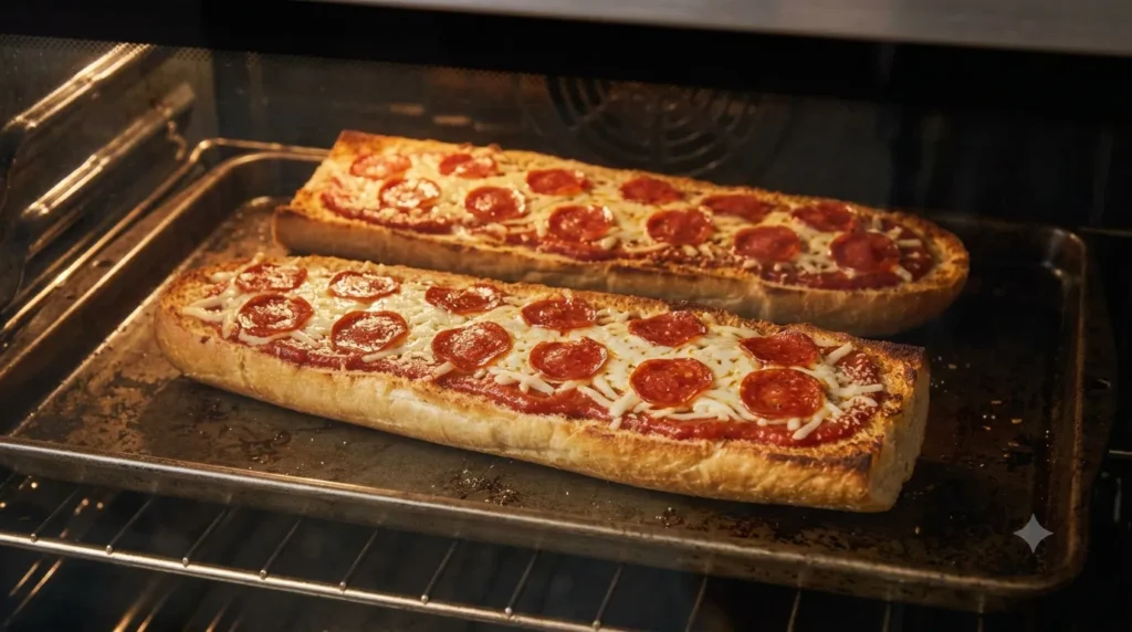 Garlic Bread Pizza baking with melted cheese