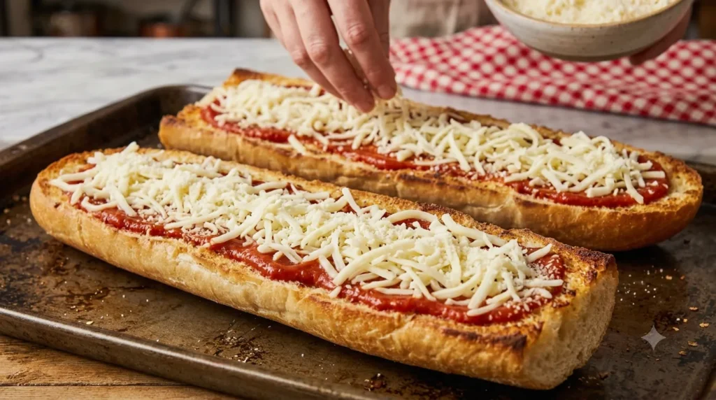 Layering mozzarella cheese on Garlic Bread Pizza