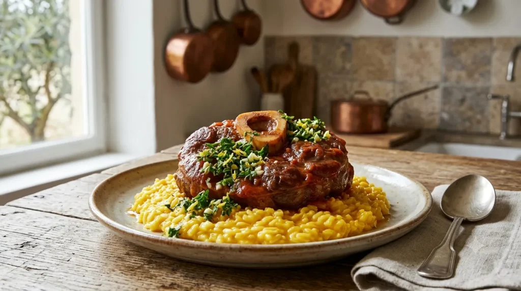 Osso buco veal shanks plated with gremolata and risotto