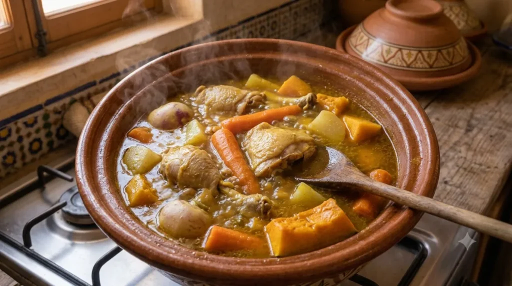 Chicken and vegetables simmering in Moroccan spiced broth Title: Vegetables and Chicken Simmering in the Broth