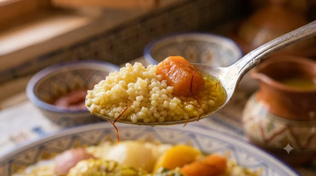 Close-up of couscous grains, broth, and vegetables Title: Close-Up Detail of Moroccan Couscous