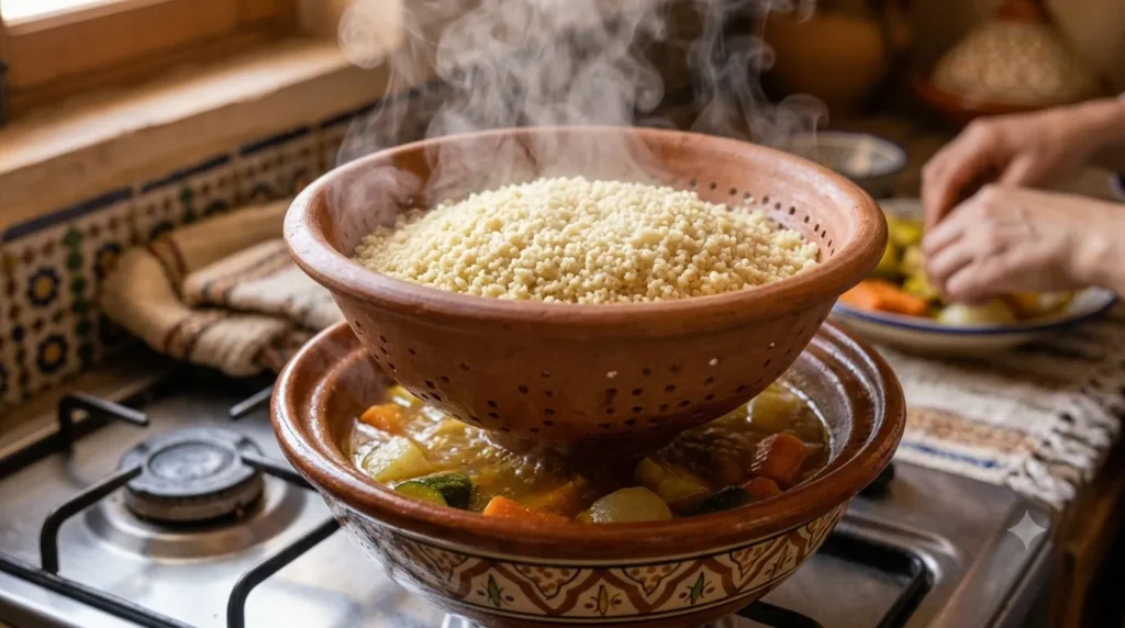 Couscous steaming over broth in a traditional couscoussier Title: Couscous Steaming in a Couscoussier
