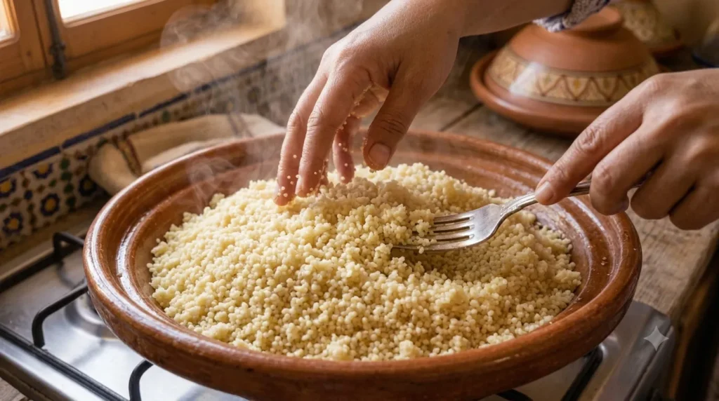 Hands fluffing steamed couscous grains with a fork Title: Fluffing the Steamed Couscous