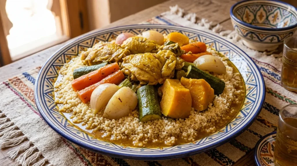 Moroccan couscous with chicken and seven vegetables served on a traditional platter