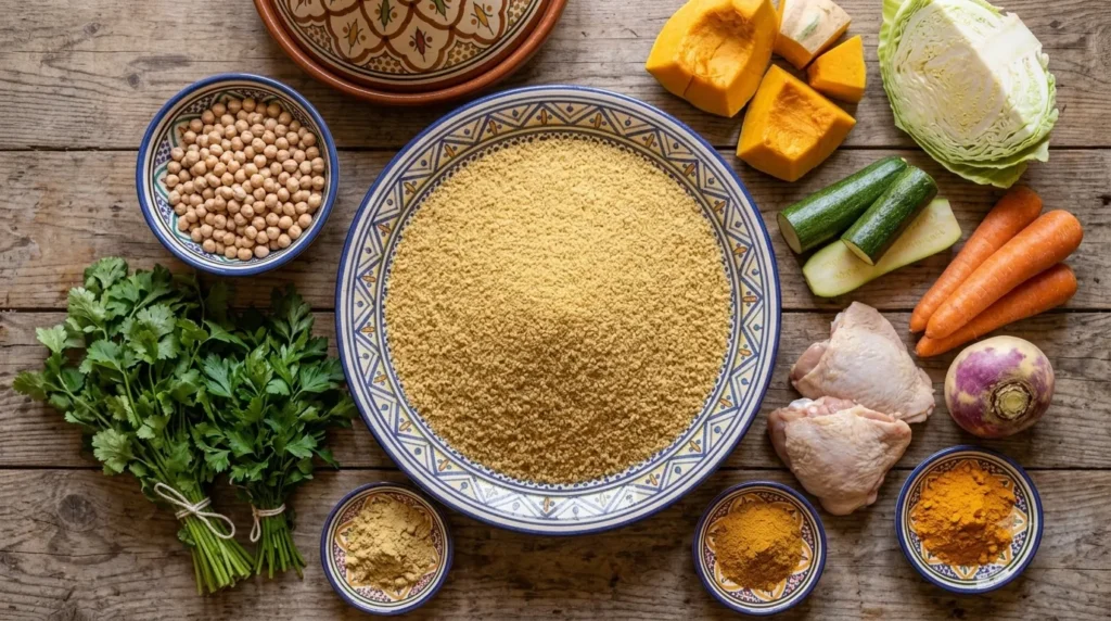 Ingredients for Moroccan couscous including semolina, chicken, and vegetables