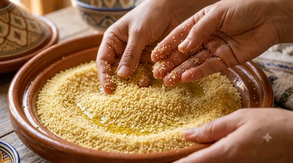 Hands separating and moistening dry couscous grains before steaming Title: Preparing Couscous Grains by Hand