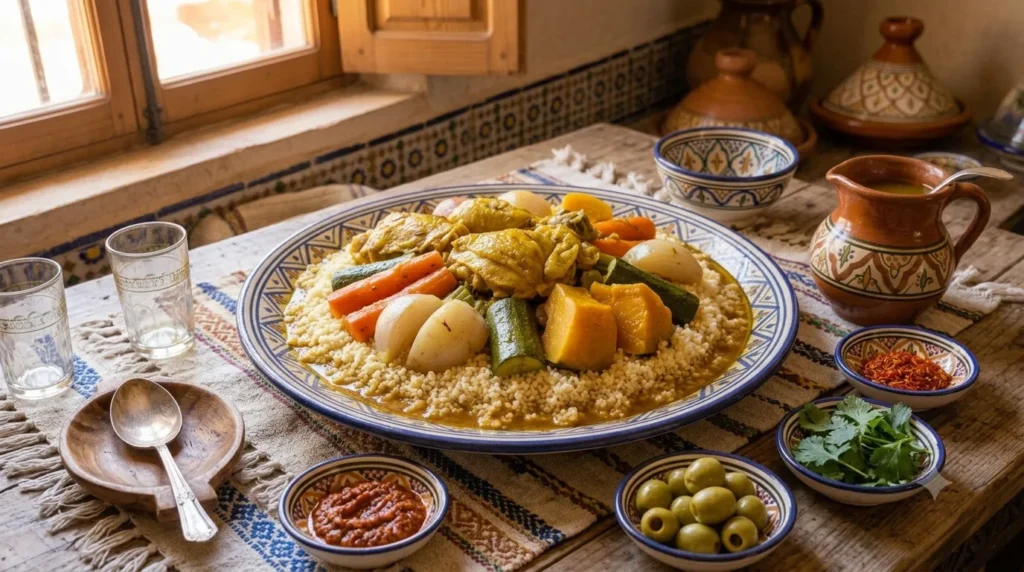 Completed Moroccan couscous platter with chicken, vegetables, and broth