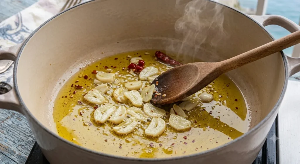 Garlic infusing in olive oil for Penne all'Arrabbiata