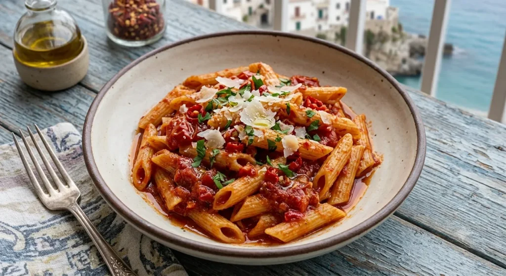 l'Arrabbiata with spicy tomato sauce