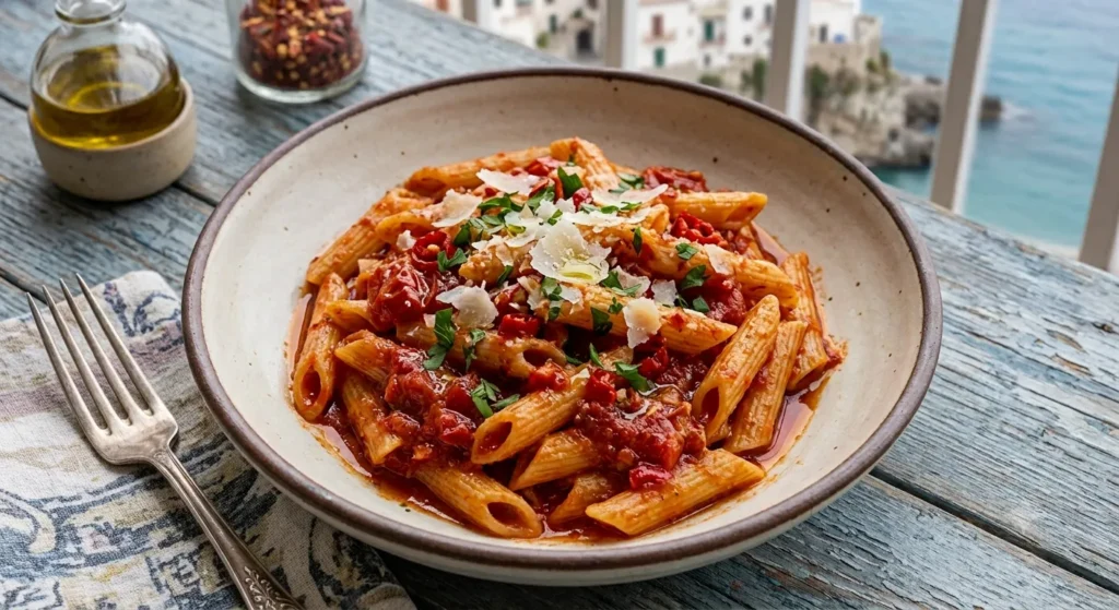 Plated serving of Penne all'Arrabbiata