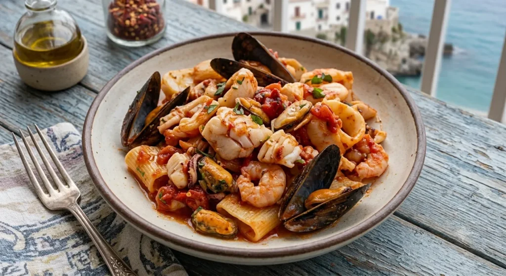 Seafood variation of Penne all'Arrabbiata