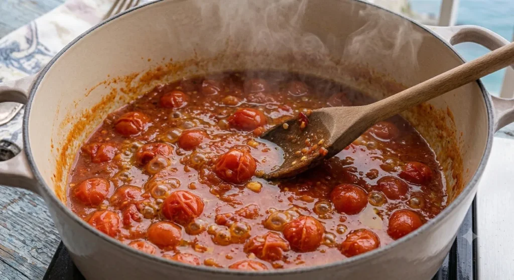 Simmering spicy tomato sauce for Penne all'Arrabbiata