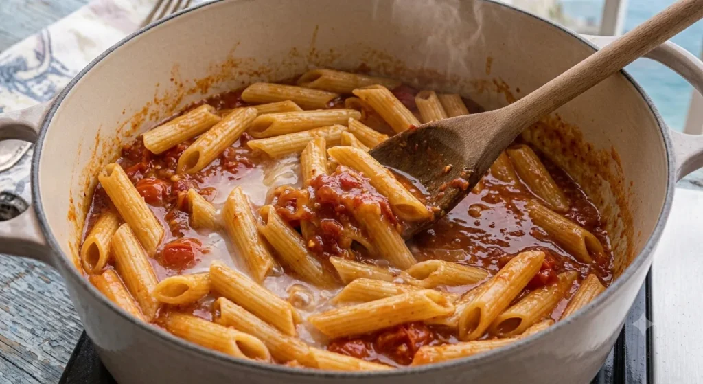 Tossing penne in spicy Arrabbiata sauce